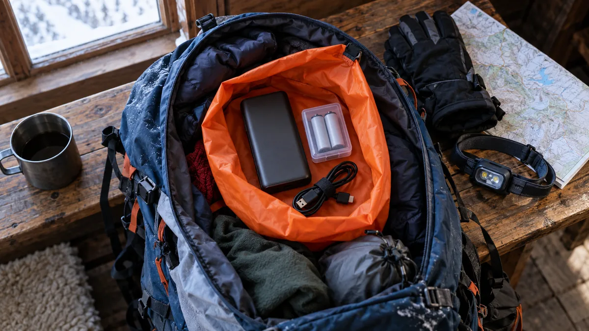 Batería externa y recambios guardados dentro de una bolsa seca en una mochila de invierno