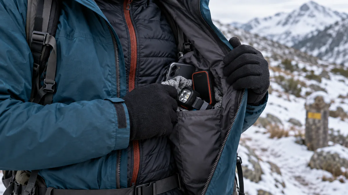 Móvil, frontal y GPS guardados en una capa interior de ropa para protegerlos del frío