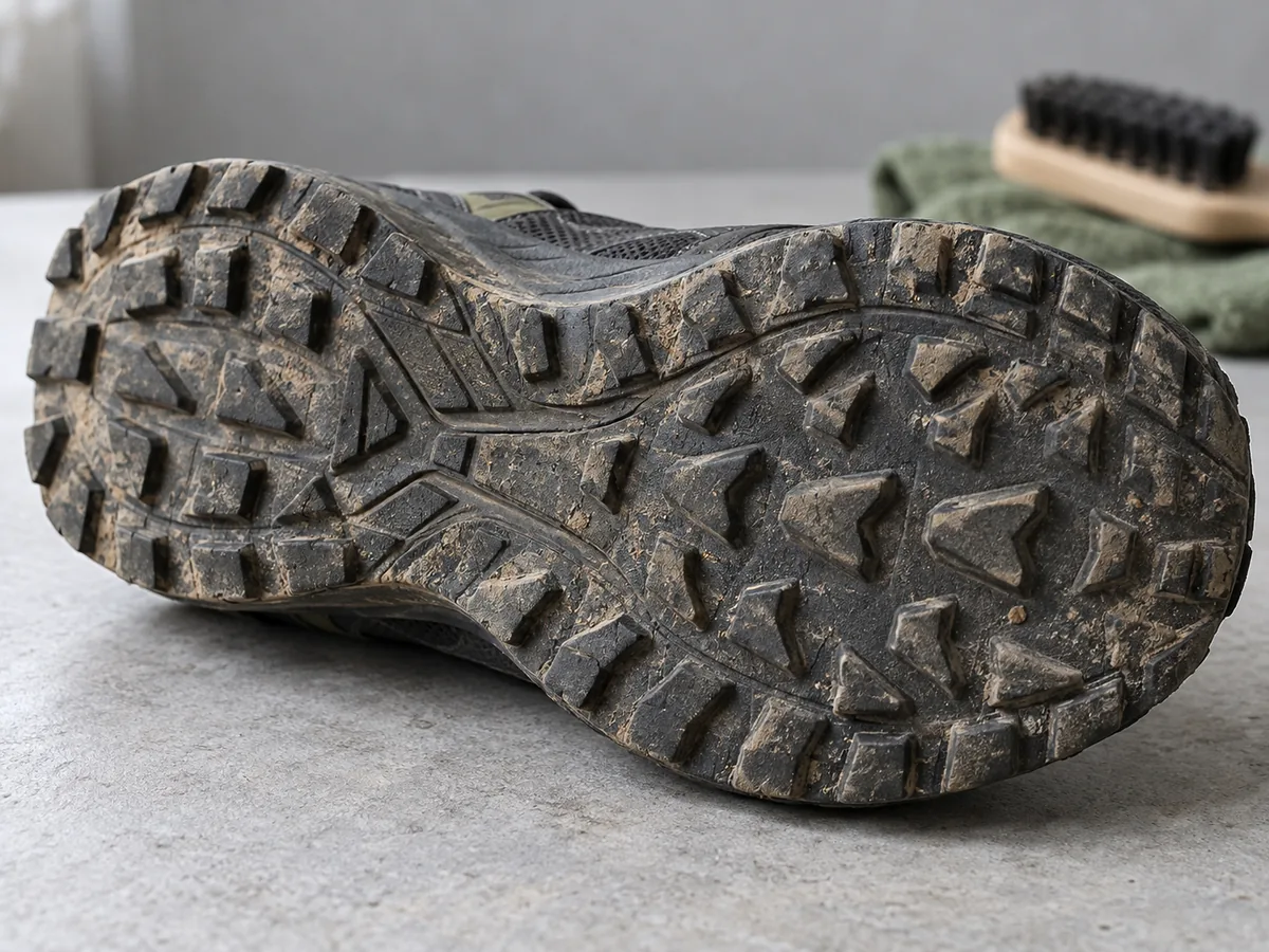 Primer plano de la suela de una zapatilla de trail con tacos gastados y bordes redondeados