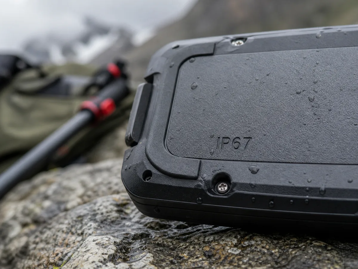 Detalle de la inscripción IP67 grabada en la carcasa de un dispositivo de montaña