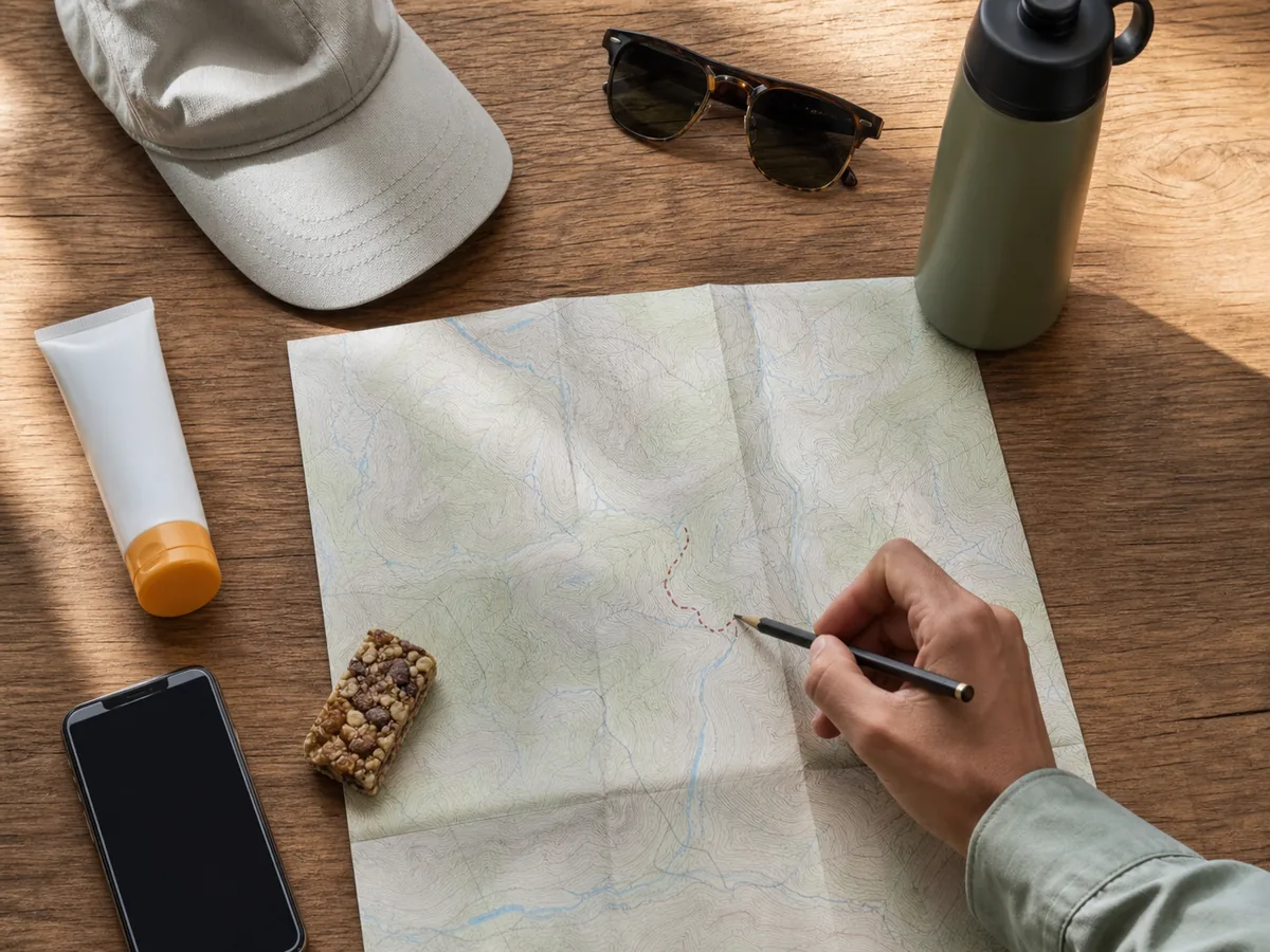Mapa, botella de agua y gorra sobre una mesa durante la planificación de una ruta corta de verano