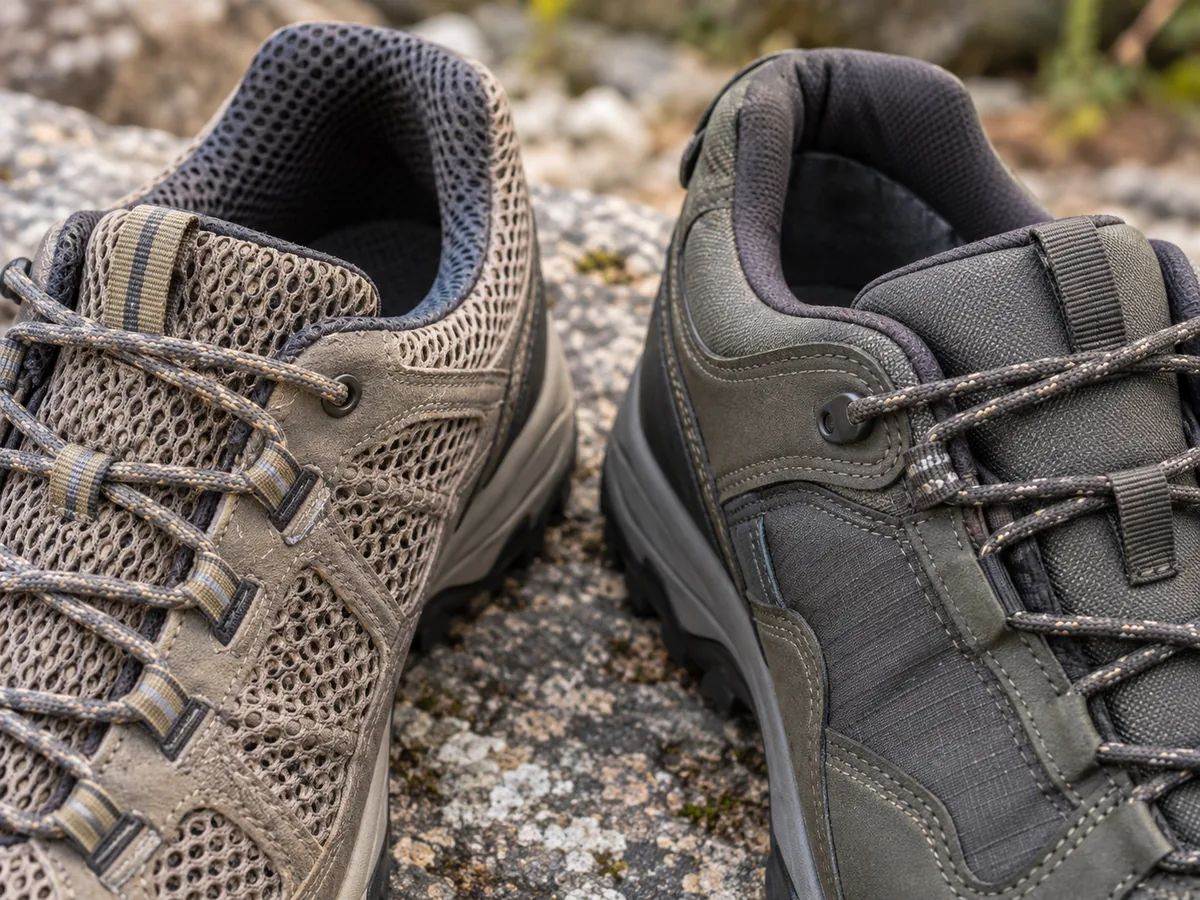 Detalle del tejido de malla ventilado y del empeine con membrana en dos zapatillas de montaña